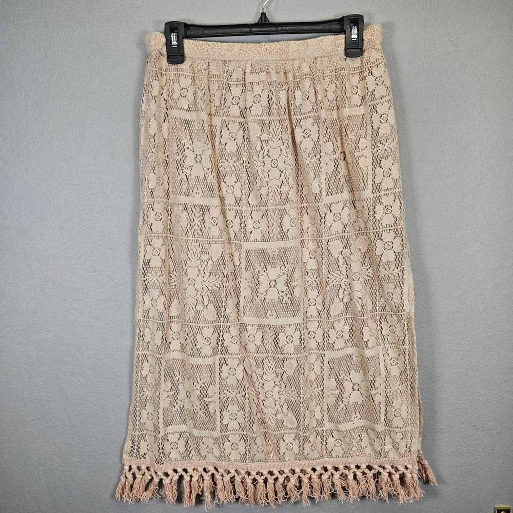 Aerie Crochet Lace Midi Skirt Beige Boho Cowrie Shell Tassel Fringe Coverup New - Picture 8 of 11